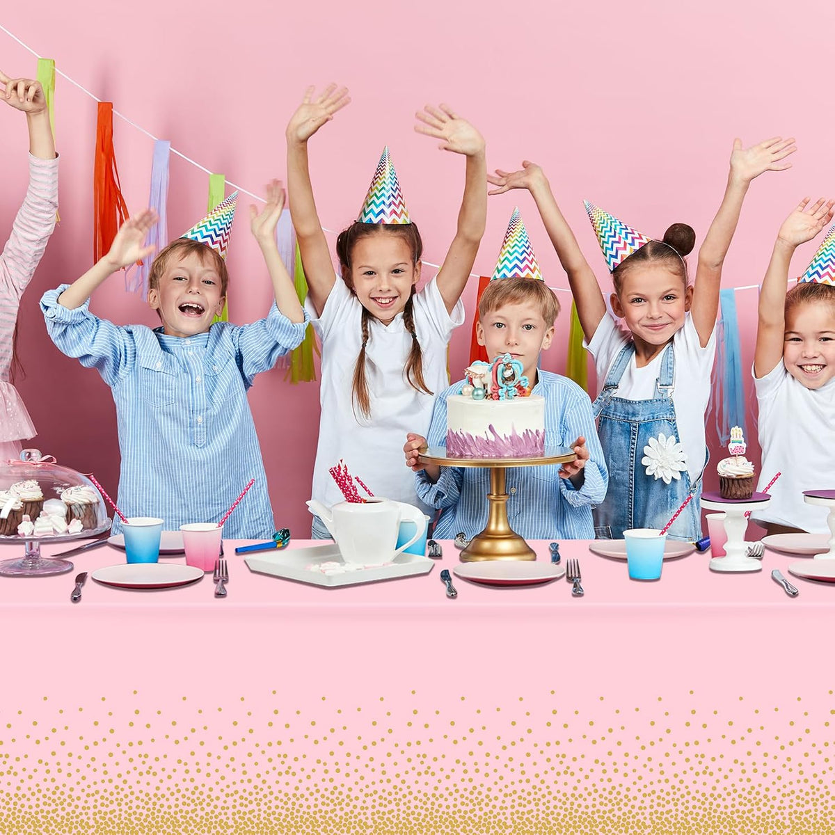 FunnyPars 4 Pack Pink and Gold Plastic Tablecloth for Parties, Pink Disposable Table Cloth for Rectangle Tables, Gold Dot Confetti Light Pink Tablecloth for Birthday Wedding Baby Shower Party, 54x108