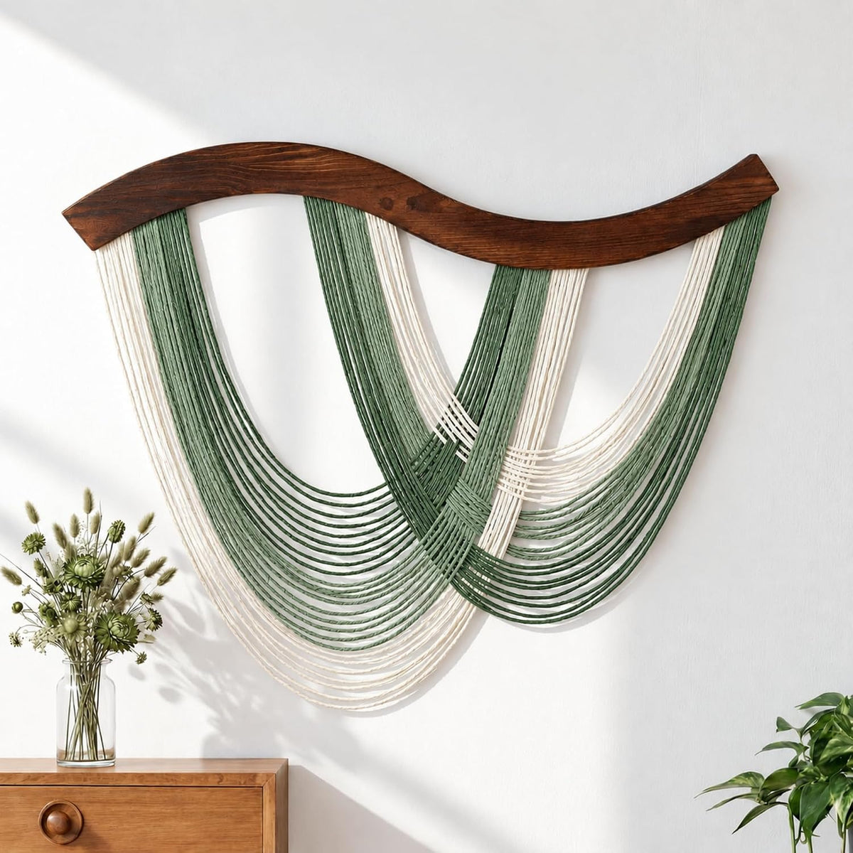Green Macrame Wall Hanging Dip Dyed Yarn Wall Art, Modern Boho Decor