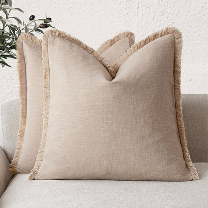 Foindtower Decorative Linen Fringe Throw Pillow Covers 20×20 Olive Green