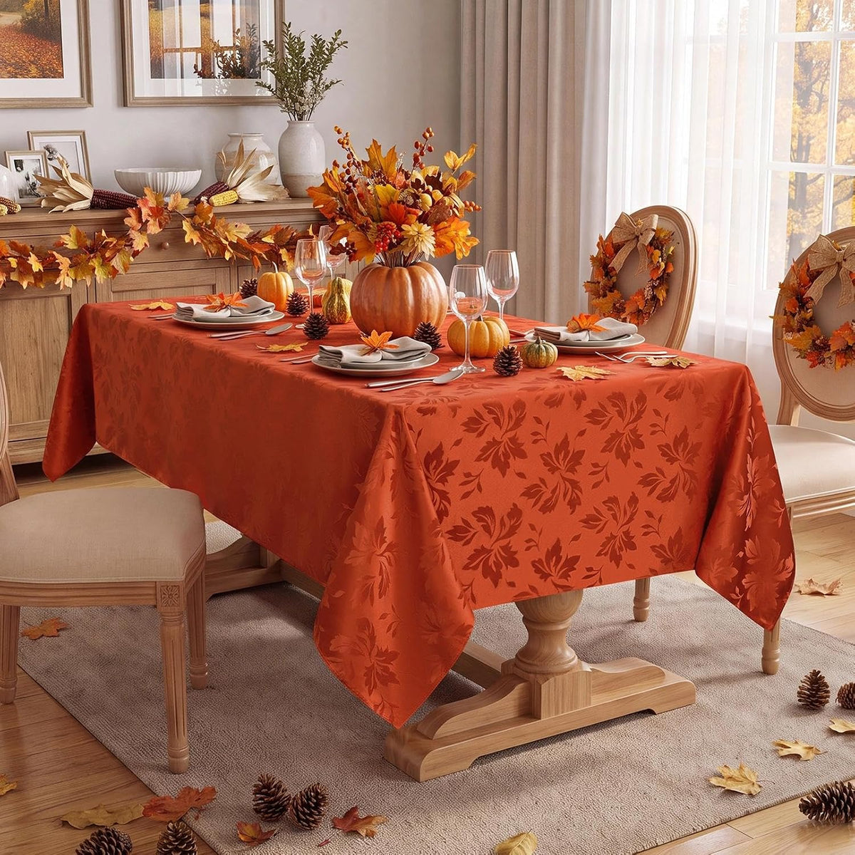 Romanstile Fall Jacquard Rectangle Tablecloth, Thanksgiving Dining Decor