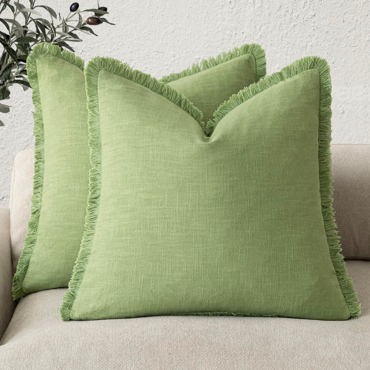 Foindtower Decorative Linen Fringe Throw Pillow Covers 20×20 Olive Green
