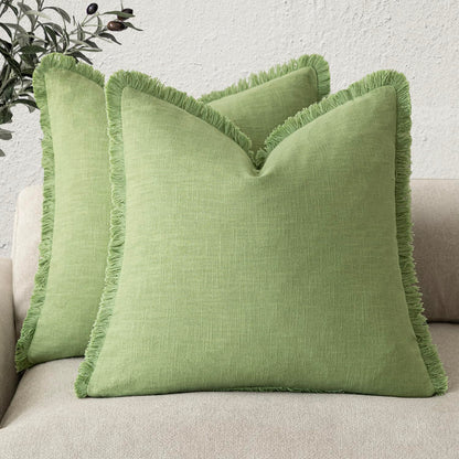Foindtower Decorative Linen Fringe Throw Pillow Covers 20×20 Olive Green