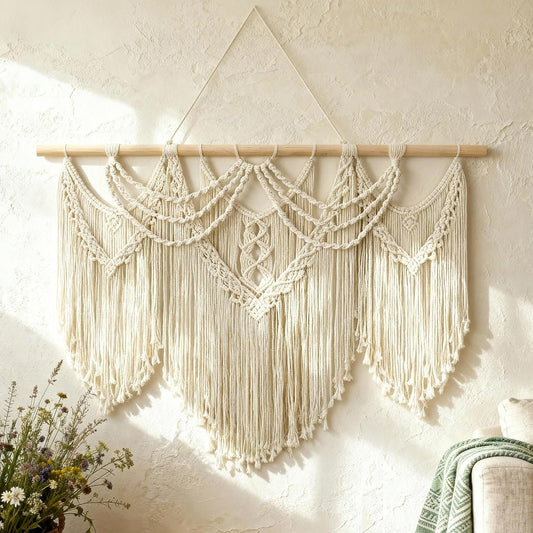 Tempospark Macrame Wall Hanging, 43"x32" Boho Wall Tapestry, Large Wall Art for Bedroom, Living Room, Dining Room, Nursery, Gallery, Office (Tassel)