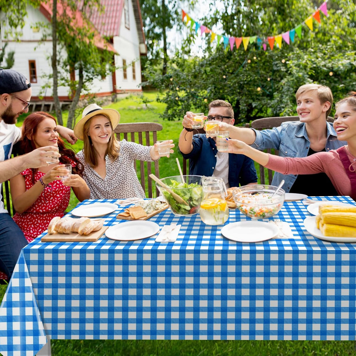 12 Pack Blue and White Plastic Checkered Tablecloth, Premium Decorative Disposable Blue Gingham Plaid Table Cloths for Parties, Rectangle Party Table Cover for Picnic Farm Birthday Wedding, 54x108Inch