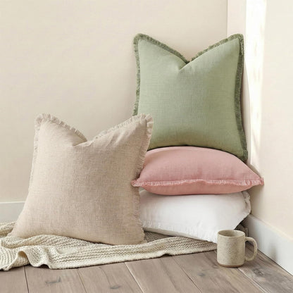 decorUhome Linen Fringe Natural Beige Throw Pillow Covers 18x18 Set of 2