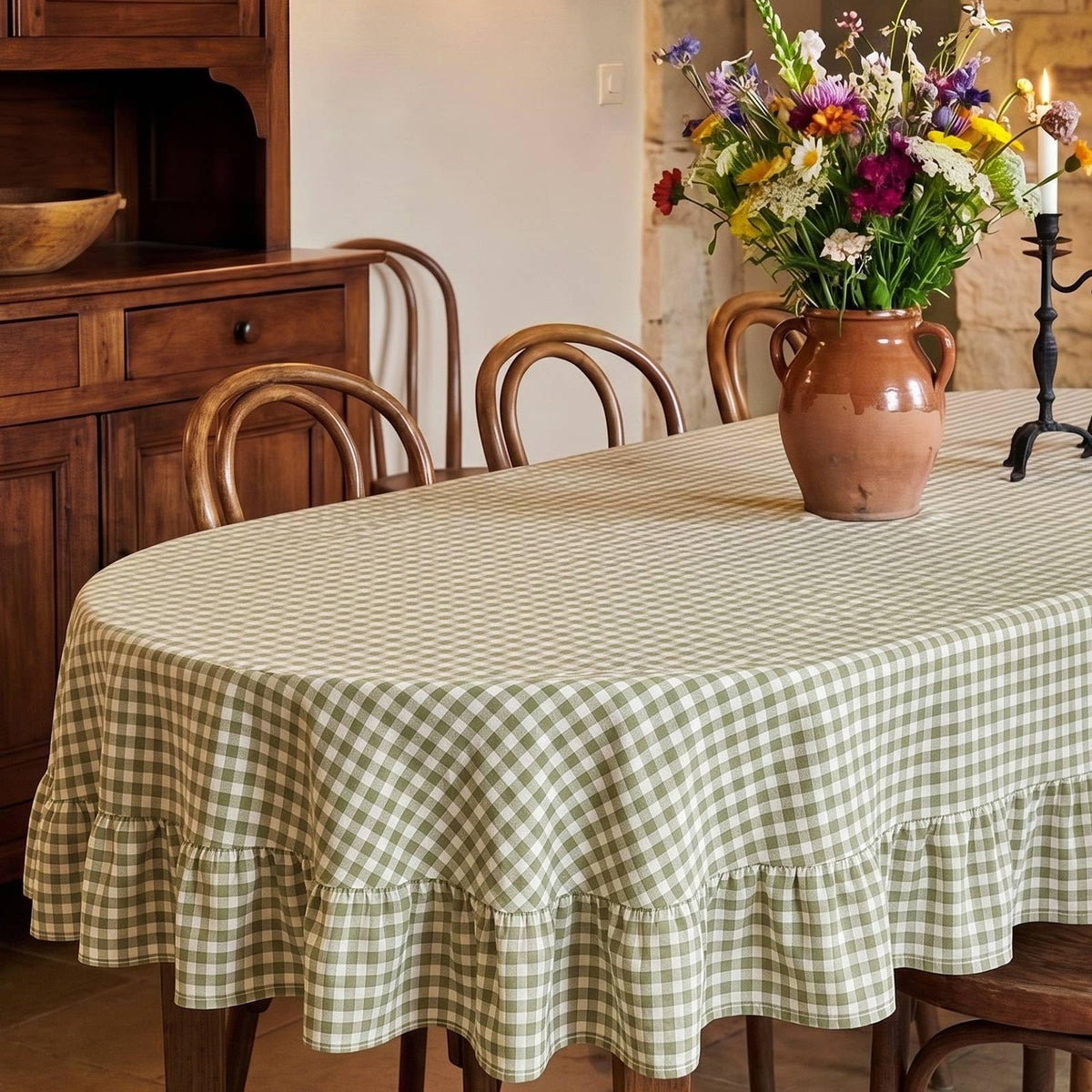 Mindsoft Light Pink Gingham Ruffled Tablecloth, 52 x 70 Inches, Rectangle