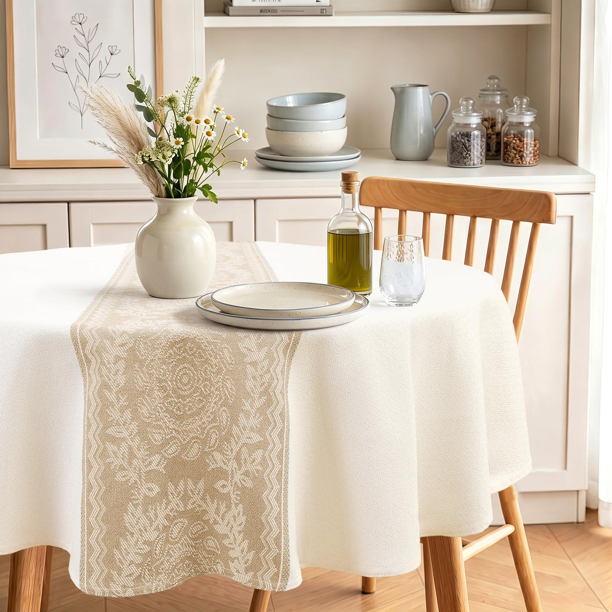 JIUZHEN Round Table Cloth Faux Linen Farmhouse Tablecloth Wrinkle and Stain Resistant Decorative Fabric Table Cover for Kitchen, Dining Room, Parties and Camping, Beige, 120 Inch Round