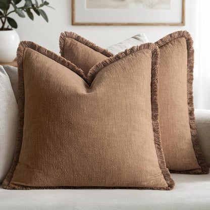 MIULEE Linen Fringe Decorative Throw Pillow Covers Natural Beige 20x20
