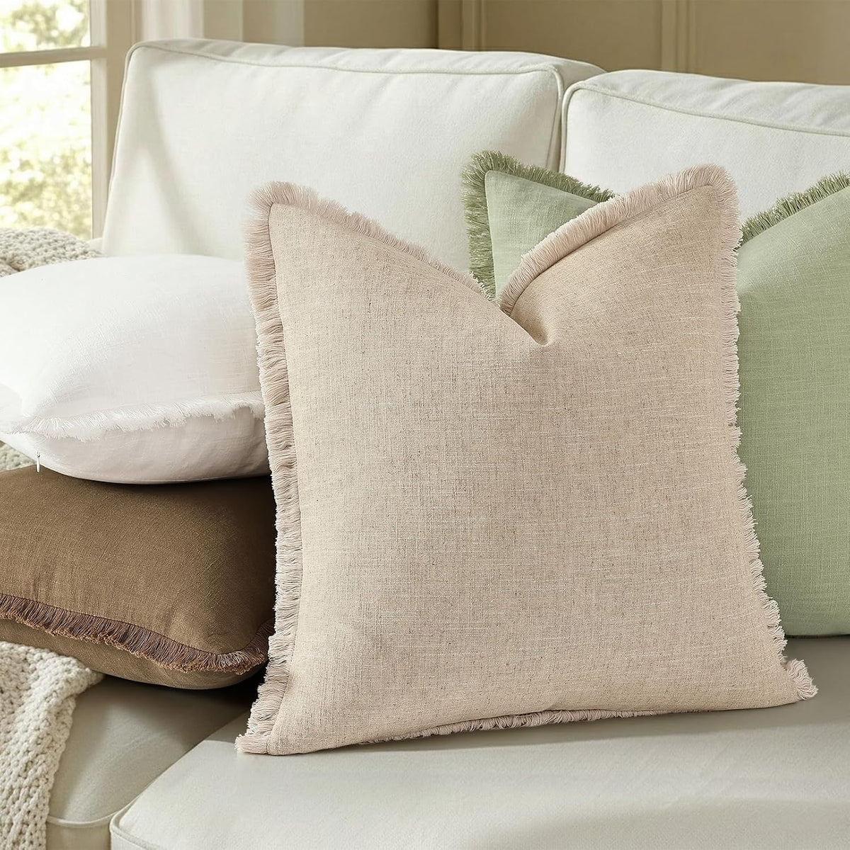 decorUhome Linen Fringe Natural Beige Throw Pillow Covers 18x18 Set of 2