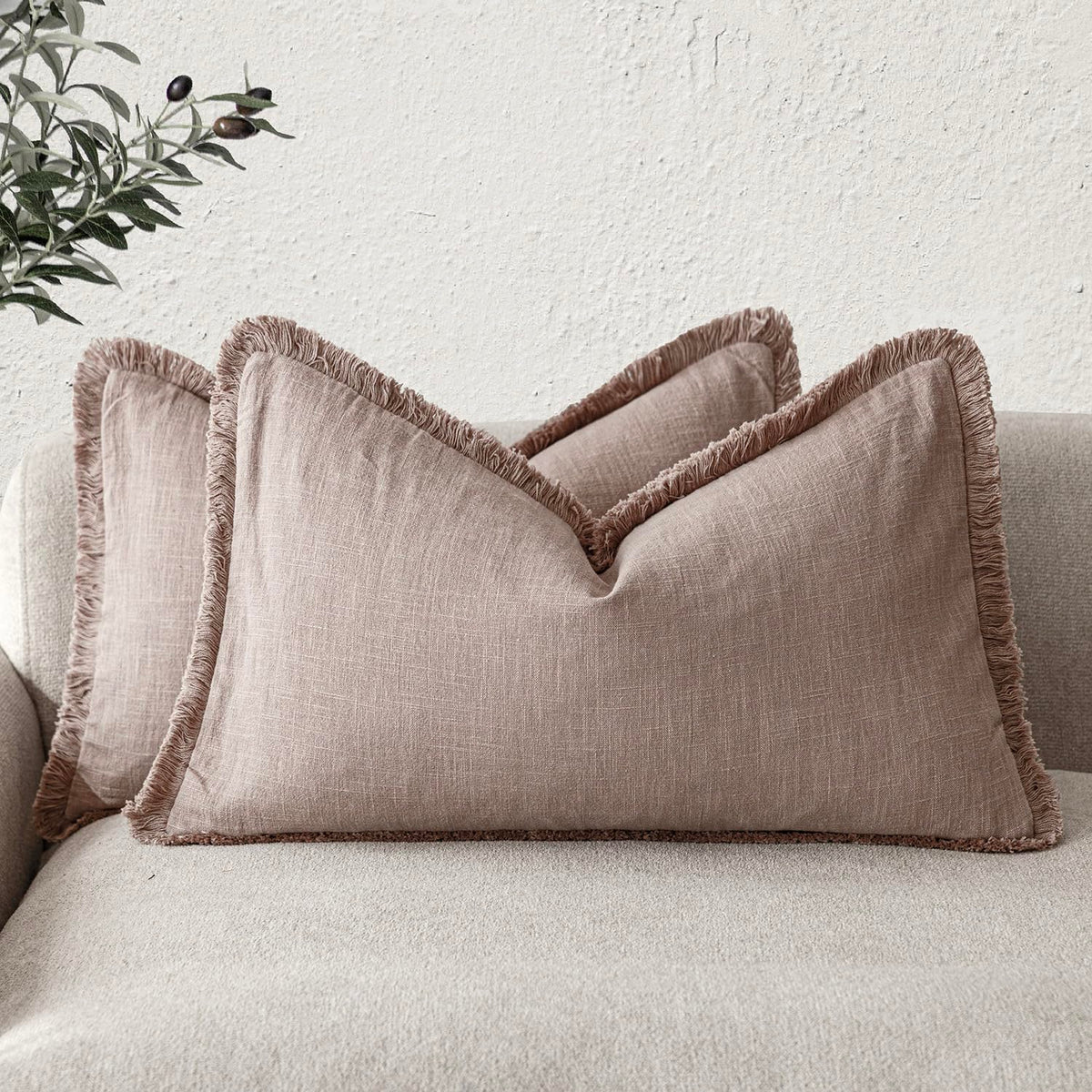 Foindtower Decorative Linen Fringe Throw Pillow Covers 20×20 Olive Green