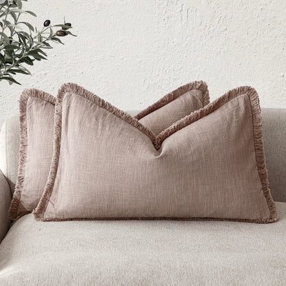 Foindtower Decorative Linen Fringe Throw Pillow Covers 20×20 Olive Green