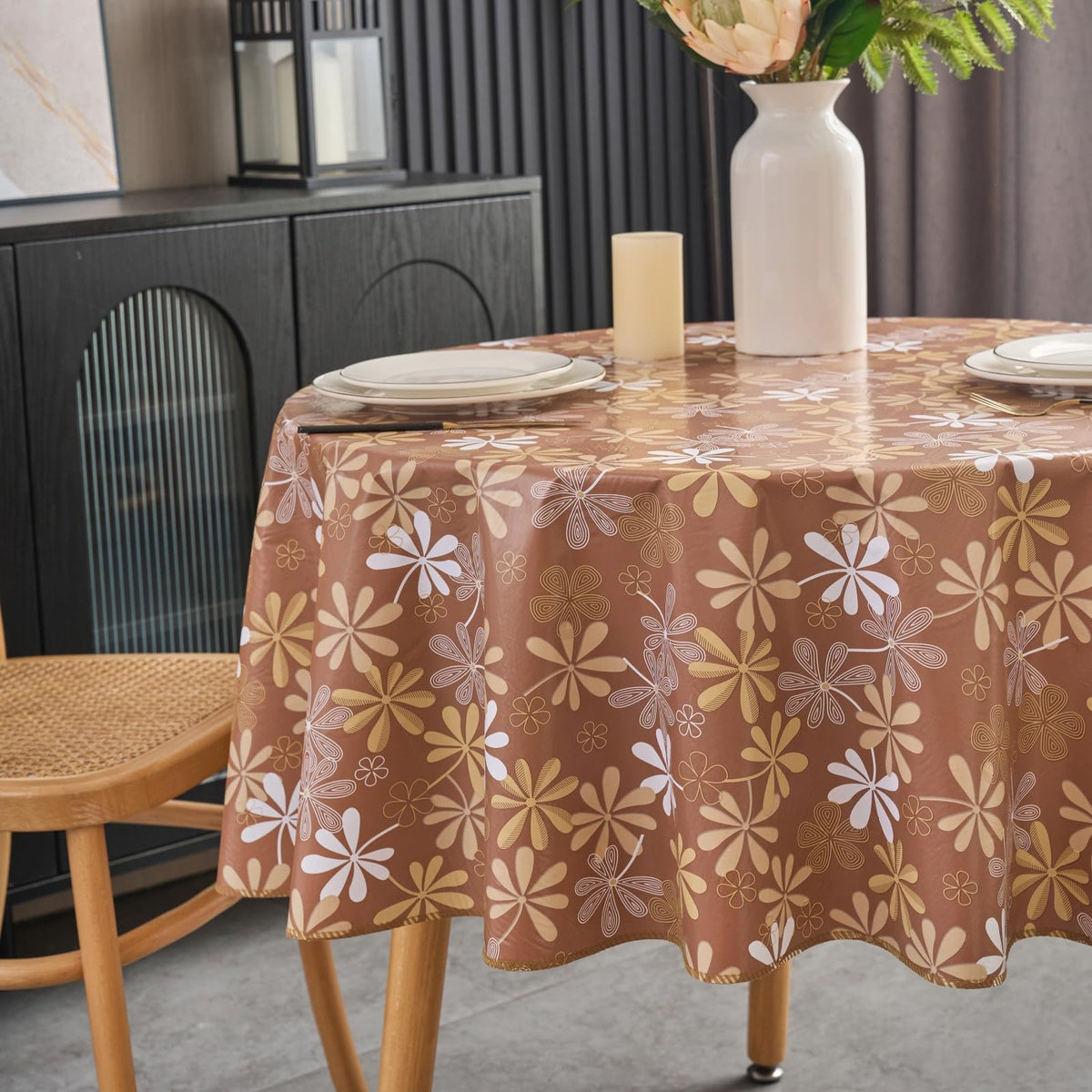 Pioggia Vinyl Tablecloth with Flannel Backed Rectangle Waterproof Oil-Proof PVC Table Cloth Wipeable Spill-Proof Plastic Table Cover for Indoor and Outdoor
