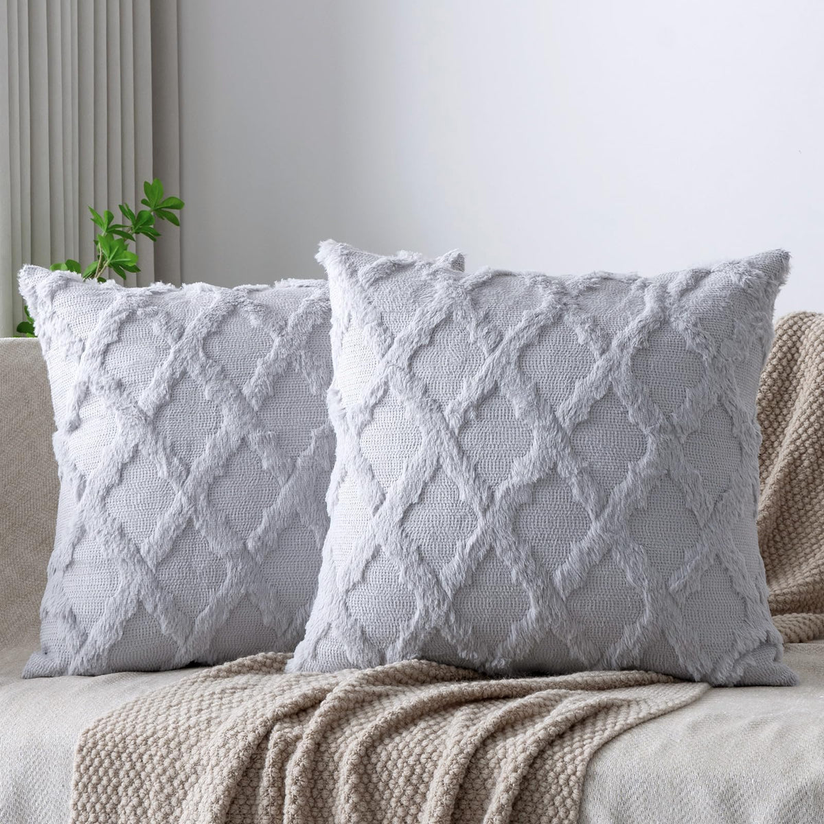 Set of 2 Soft Moroccan Throw Pillow Covers 18x18 Inch Plush Boho Decorative Pillow Cover Accent Cushion Case for Couch Sofa Bed, Beige