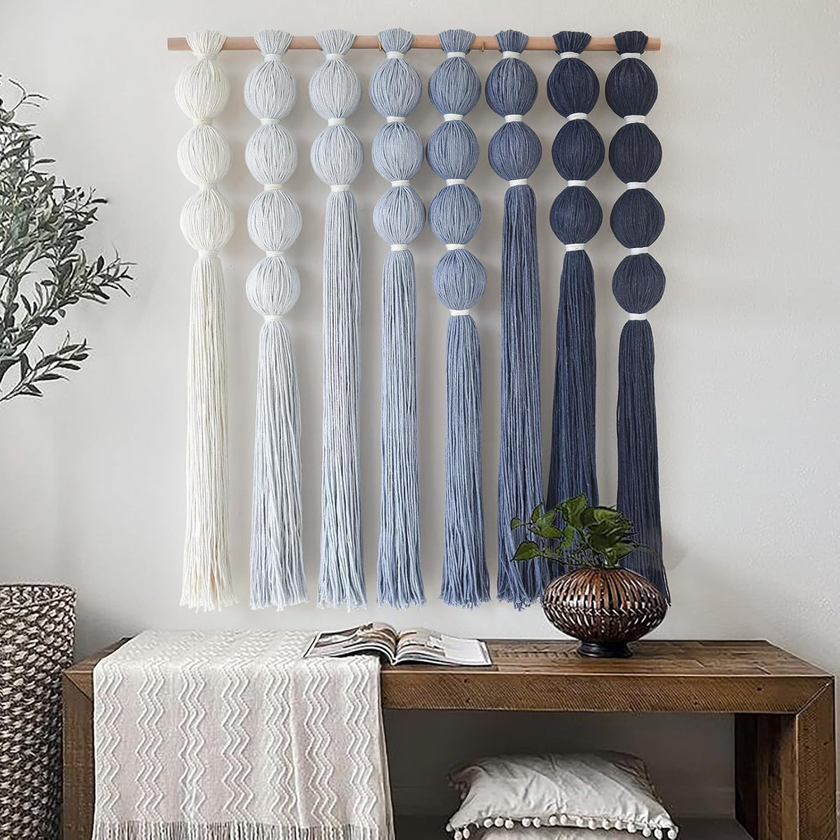 Macrame Wall Hanging Dip Dyed Blue Yarn Wall Art Tassel Decor 27" W*31" L