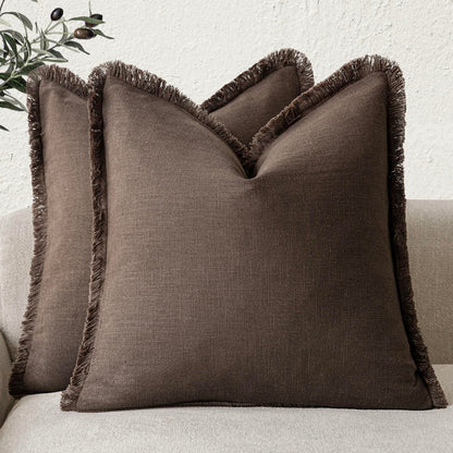 Foindtower Decorative Linen Fringe Throw Pillow Covers 20×20 Olive Green