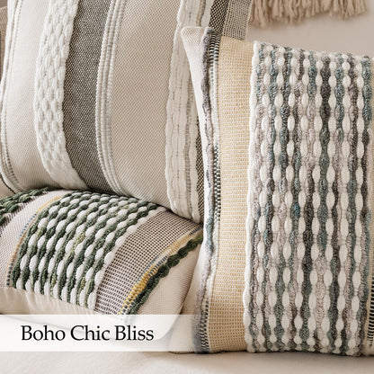 ANRODUO Boho Decorative Pillow Covers Olive Green Stripe 18x18 Pack of 2