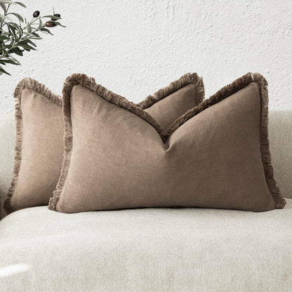 Foindtower Decorative Linen Fringe Throw Pillow Covers 20×20 Olive Green