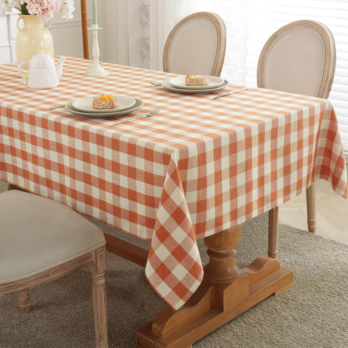 Laolitou Spring Pink Gingham Table Cloth Rectangle Tables Buffalo Plaid Checkered Tablecloth Cotton Linen Farmhouse Tablecloths Washable Wrinkle Free for Picnic Kitchen, 60"x75" 4-6 Seats