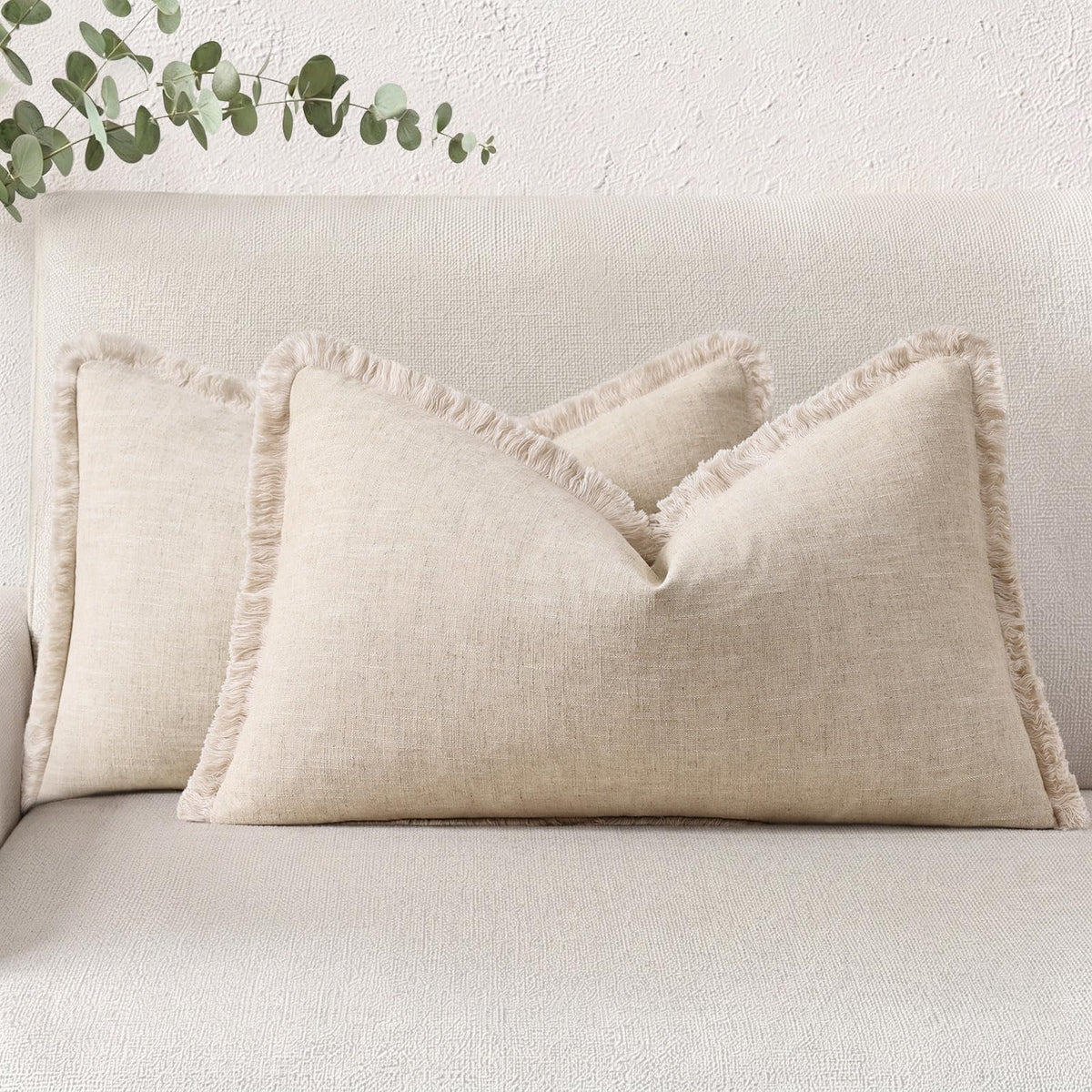decorUhome Linen Fringe Natural Beige Throw Pillow Covers 18x18 Set of 2