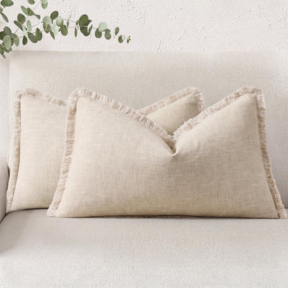decorUhome Linen Fringe Natural Beige Throw Pillow Covers 18x18 Set of 2