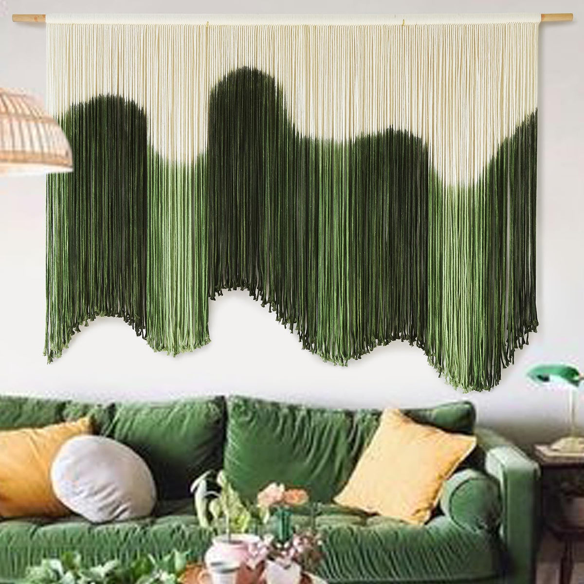 Macrame Wall Hanging Green Hand-Dyed Ombre Fiber Art Geometric 57"W*39"L