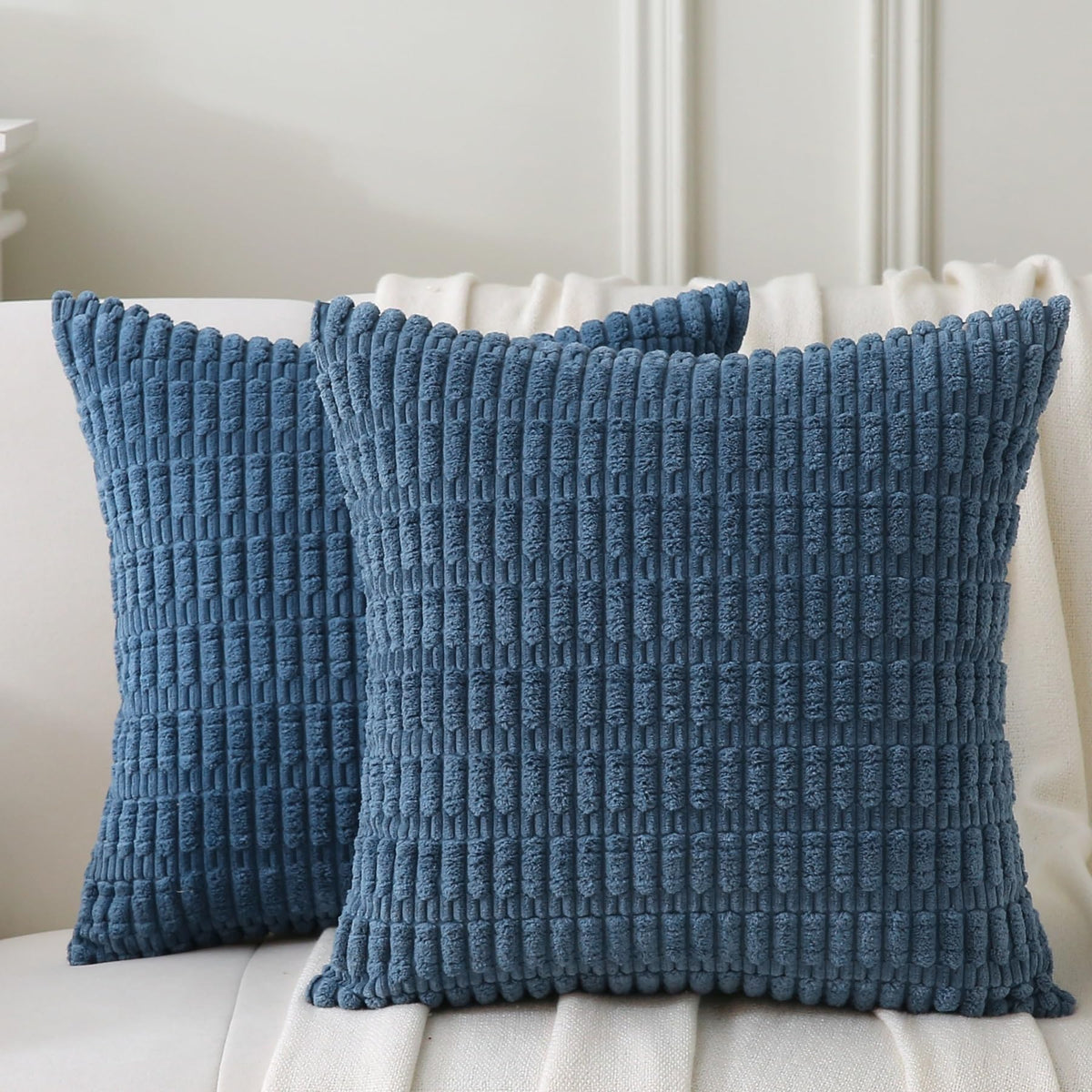 2 Pack Corduroy Decorative Throw Pillow with Inserts, 18x18 Inch Soft Boho Throw Pillow, Square Striped Throw Pillows for Couch, Bed, Sofa Decor(Beige)