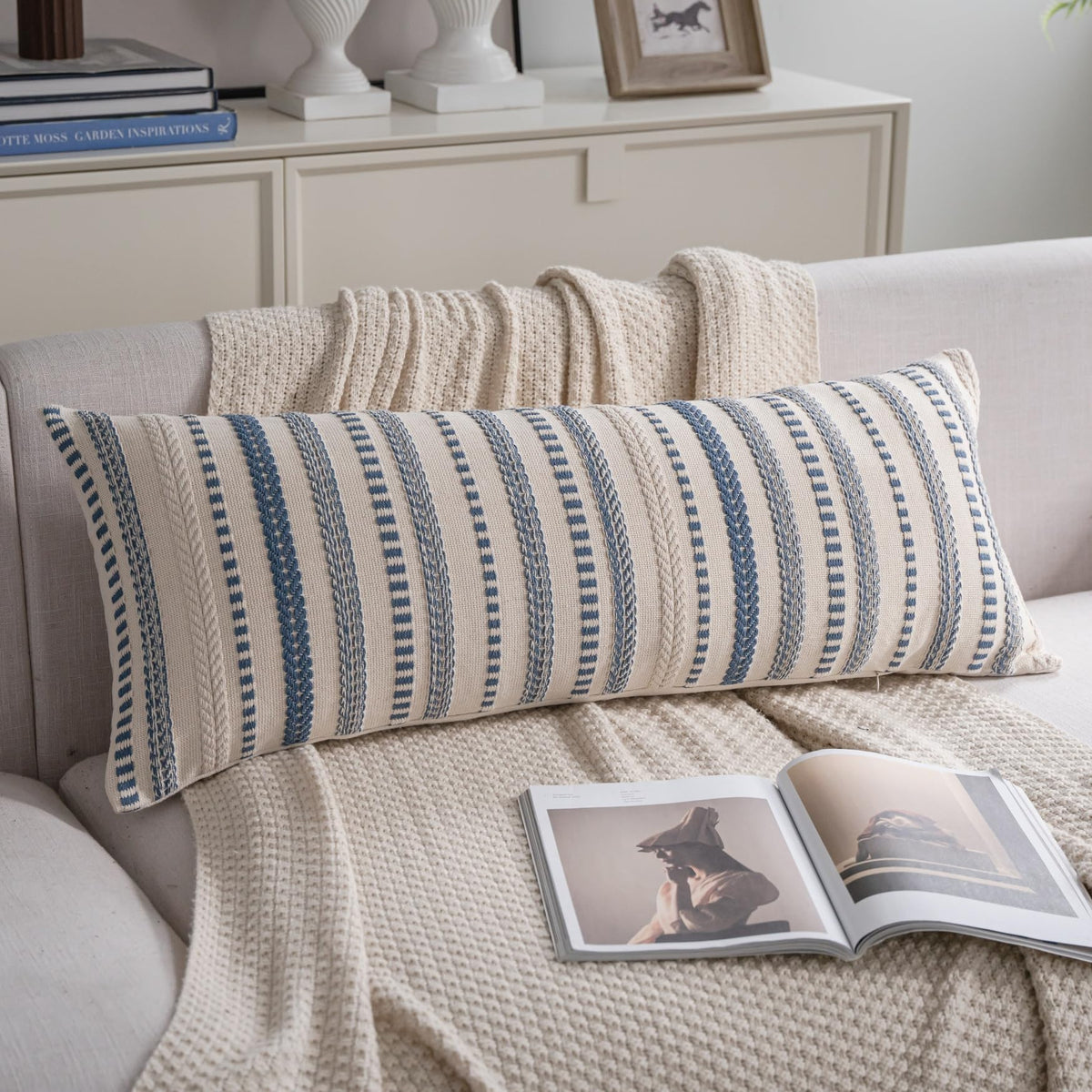 Cethom Navy Blue Boho Throw Pillow Covers 18x18 Inch Set of 2, Stripe Textured Decorative Couch Pillow Cases for Bed, Sofa, Living Room, Bedroom, Farmhouse Home Accent Cushion Covers