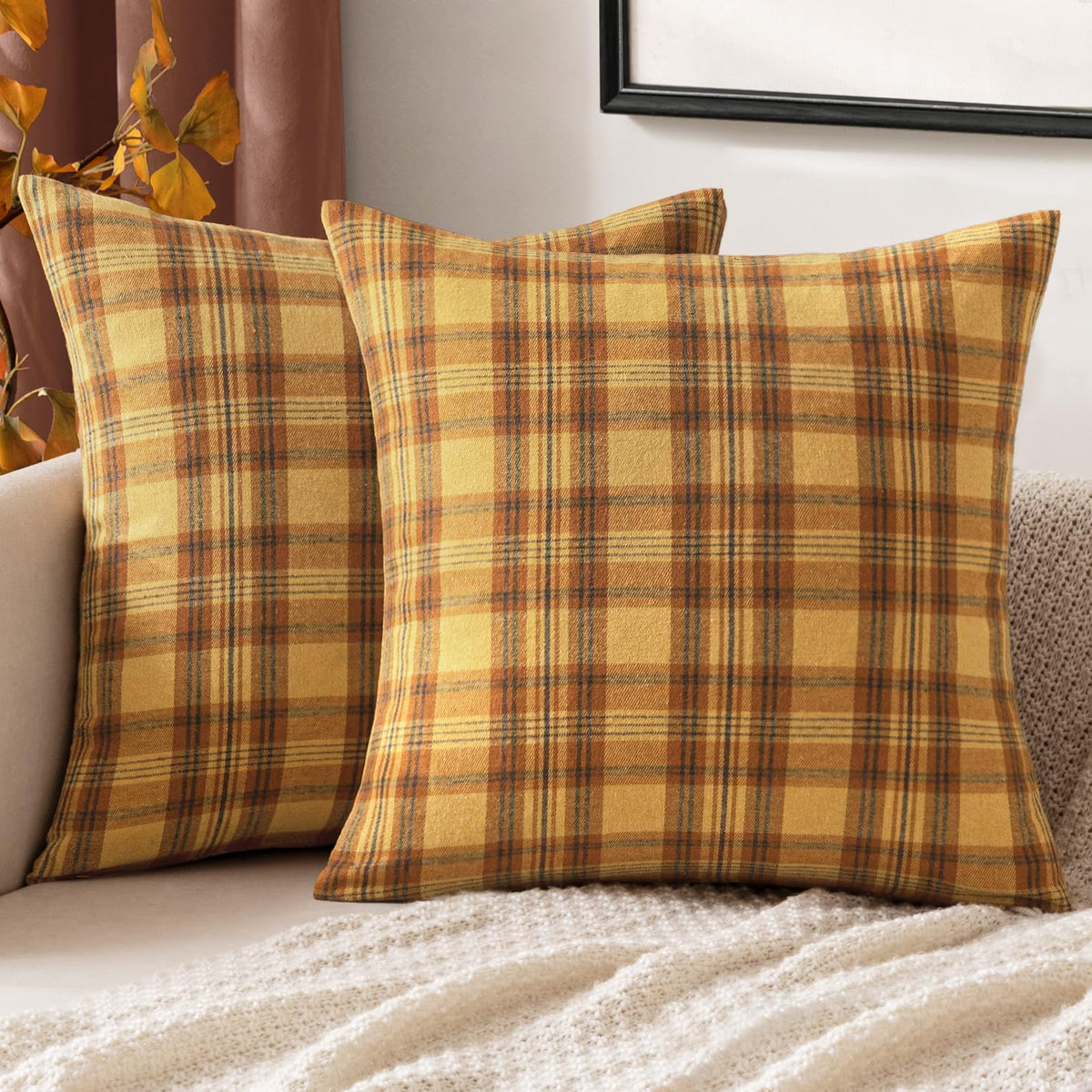 MIULEE Fall Plaid Pillow Covers Scottish Tartan 18x18 Terracotta Brown