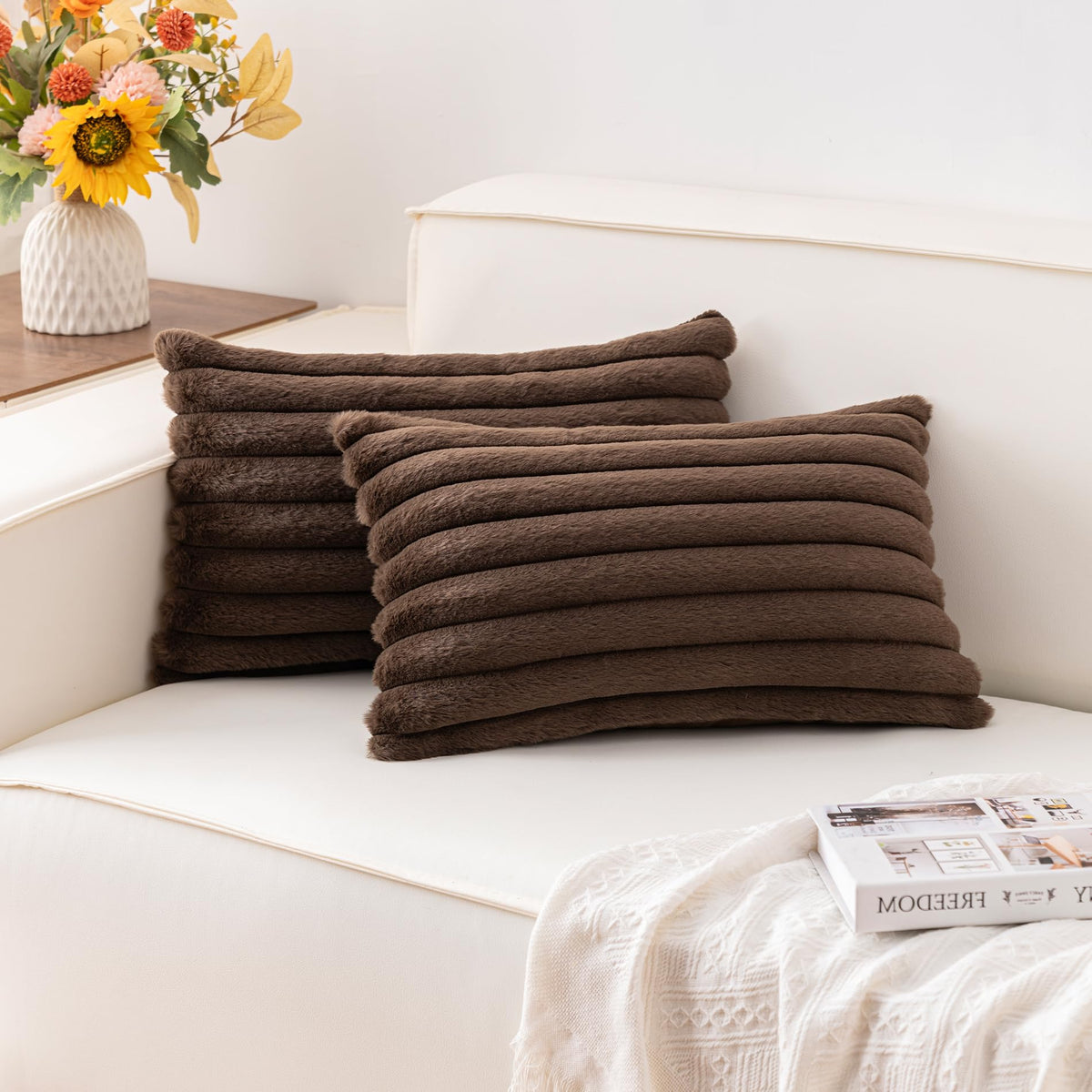 Pack of 2 Faux Fur Christmas Throw Pillow Covers 18x18 Inch, Cream White