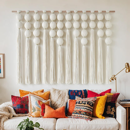 Macrame Wall Hanging Black Spherical Tassel Geometric Wall Art 15.7"W*39"L