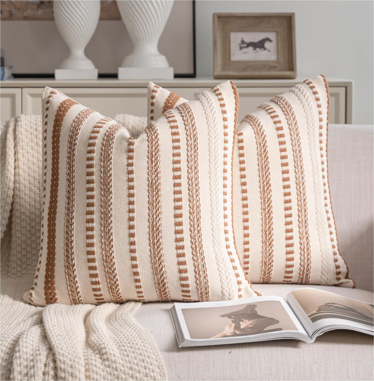 Cethom Navy Blue Boho Throw Pillow Covers 18x18 Inch Set of 2, Stripe Textured Decorative Couch Pillow Cases for Bed, Sofa, Living Room, Bedroom, Farmhouse Home Accent Cushion Covers