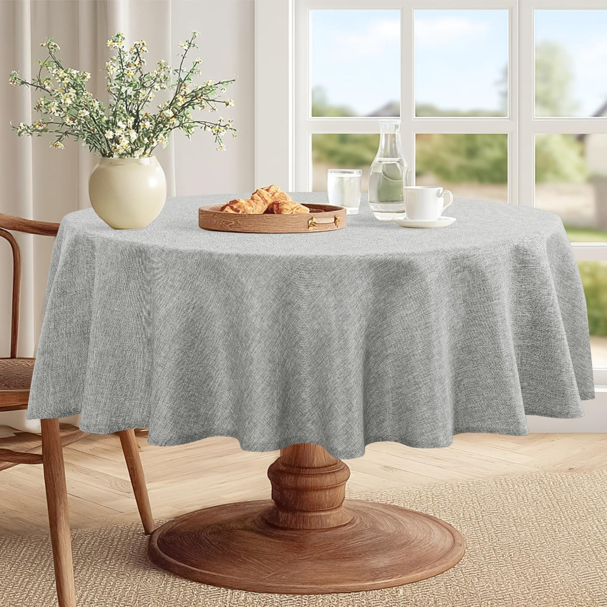 JIUZHEN Round Table Cloth Faux Linen Farmhouse Tablecloth Wrinkle and Stain Resistant Decorative Fabric Table Cover for Kitchen, Dining Room, Parties and Camping, Beige, 120 Inch Round