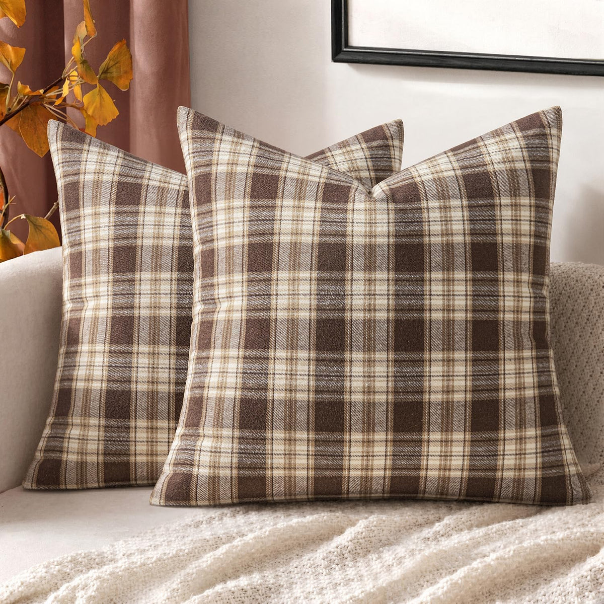 MIULEE Fall Plaid Pillow Covers Scottish Tartan 18x18 Terracotta Brown