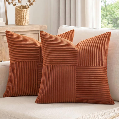 Fancy Homi 2 Packs Rust Boho Decorative Throw Pillow Covers 18x18 Inch for Couch Bed Sofa, Farmhouse Fall Home Decor, Soft Corss Corduroy Patchwork Textured Terracotta Accent Cushion Case 45x45 cm