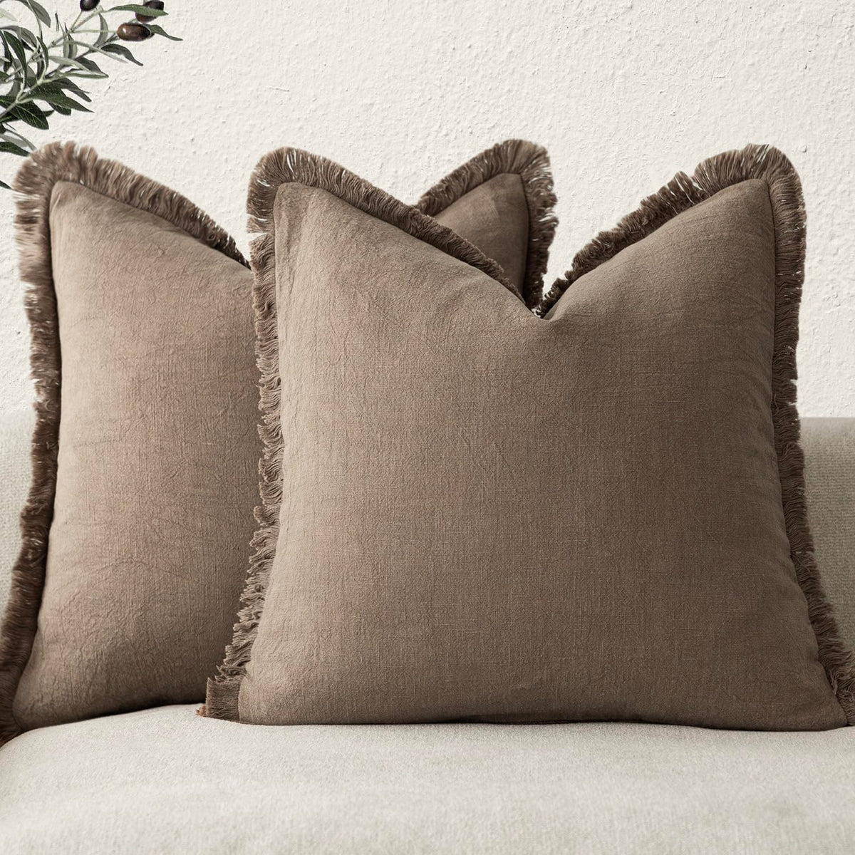 Foindtower Decorative Linen Fringe Throw Pillow Covers 20×20 Olive Green