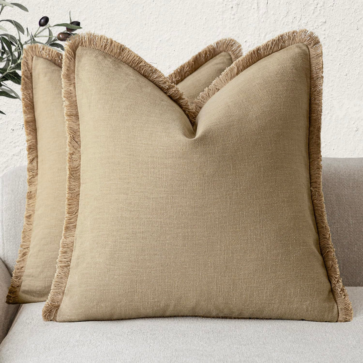 Foindtower Decorative Linen Fringe Throw Pillow Covers 20×20 Olive Green