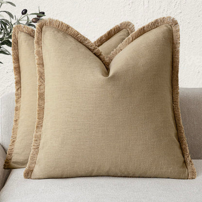 Foindtower Decorative Linen Fringe Throw Pillow Covers 20×20 Olive Green