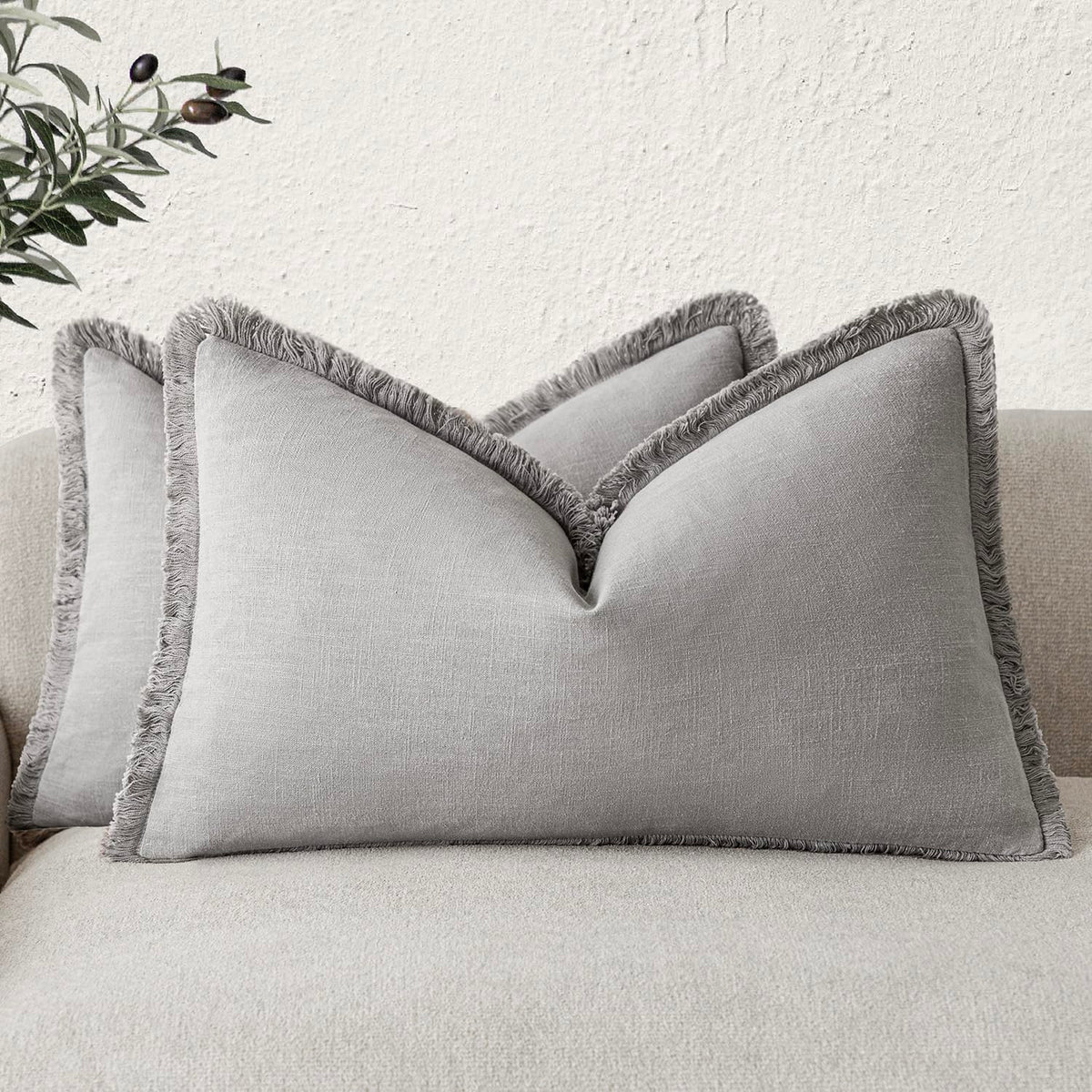Foindtower Decorative Linen Fringe Throw Pillow Covers 20×20 Olive Green