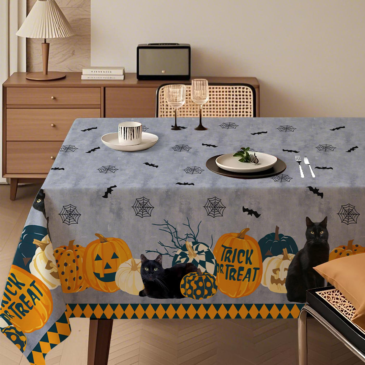Thanksgiving Waterproof Tablecloth – Fall Harvest Pumpkins, Maple Leaves & Berries Print – Autumn Rectangle Table Cover for Dining or Party, Brown, W60 x L84 in