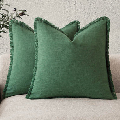 Foindtower Decorative Linen Fringe Throw Pillow Covers 20×20 Olive Green