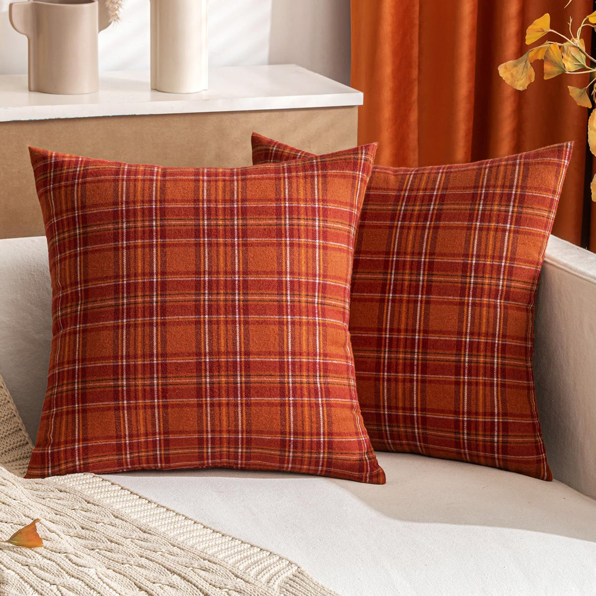 MIULEE Fall Plaid Pillow Covers Scottish Tartan 18x18 Terracotta Brown
