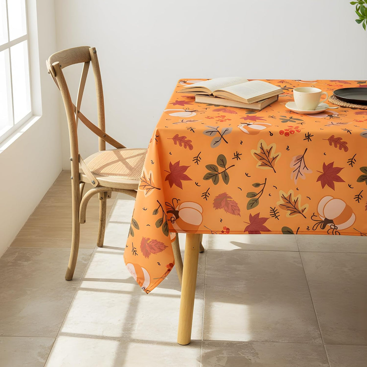 Thanksgiving Waterproof Tablecloth – Fall Harvest Pumpkins, Maple Leaves & Berries Print – Autumn Rectangle Table Cover for Dining or Party, Brown, W60 x L84 in