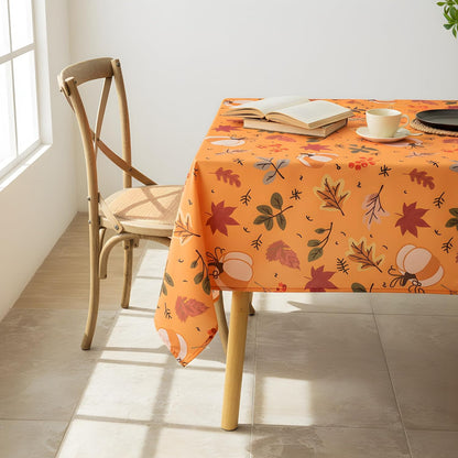 Thanksgiving Waterproof Tablecloth – Fall Harvest Pumpkins, Maple Leaves & Berries Print – Autumn Rectangle Table Cover for Dining or Party, Brown, W60 x L84 in