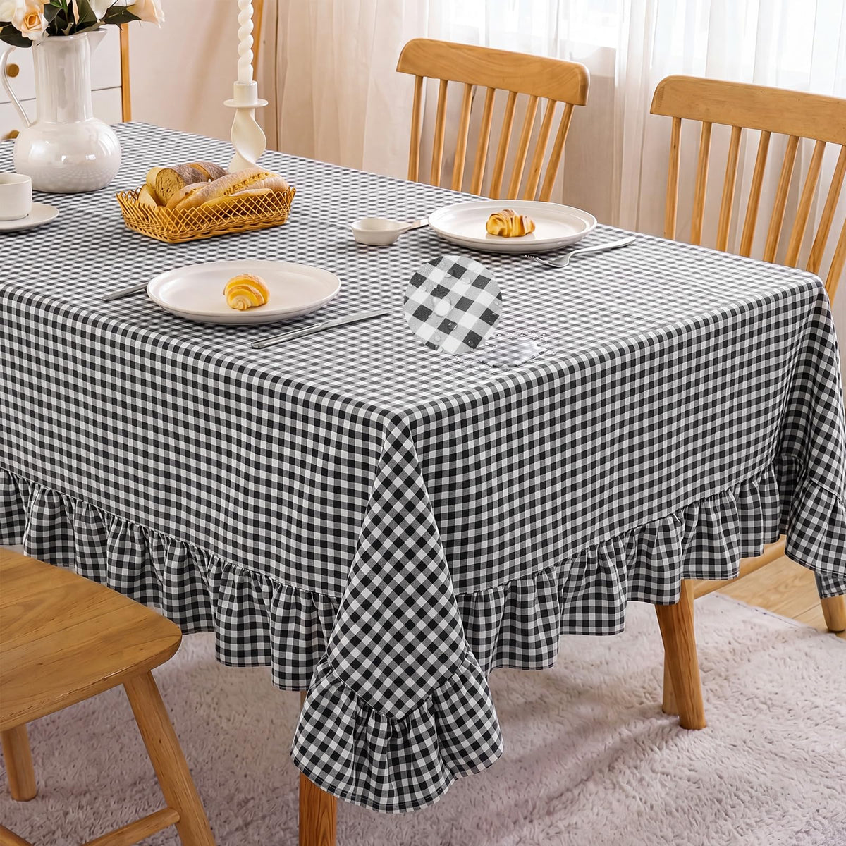 Mindsoft Light Pink Gingham Ruffled Tablecloth, 52 x 70 Inches, Rectangle