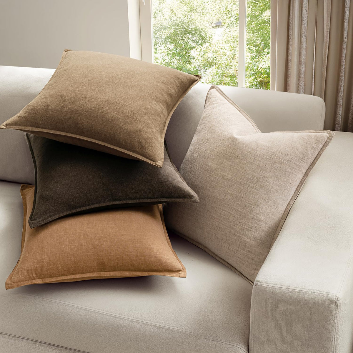 MIULEE Neutral Brown Boho Linen Pillow Covers 18x18 Inch Pack of 4