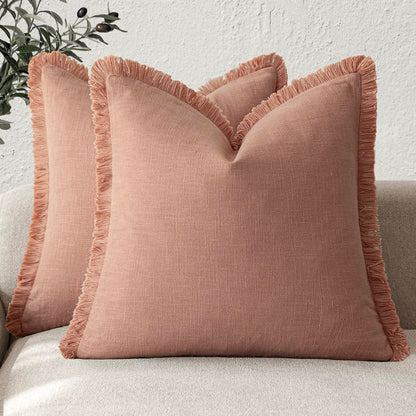 Foindtower Decorative Linen Fringe Throw Pillow Covers 20×20 Olive Green