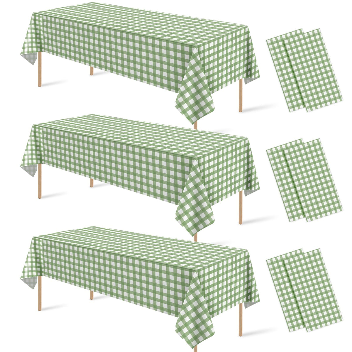 3 Pcs Sage Green Gingham Tablecloths, Checkered Table Covers 54 x 108 Inch