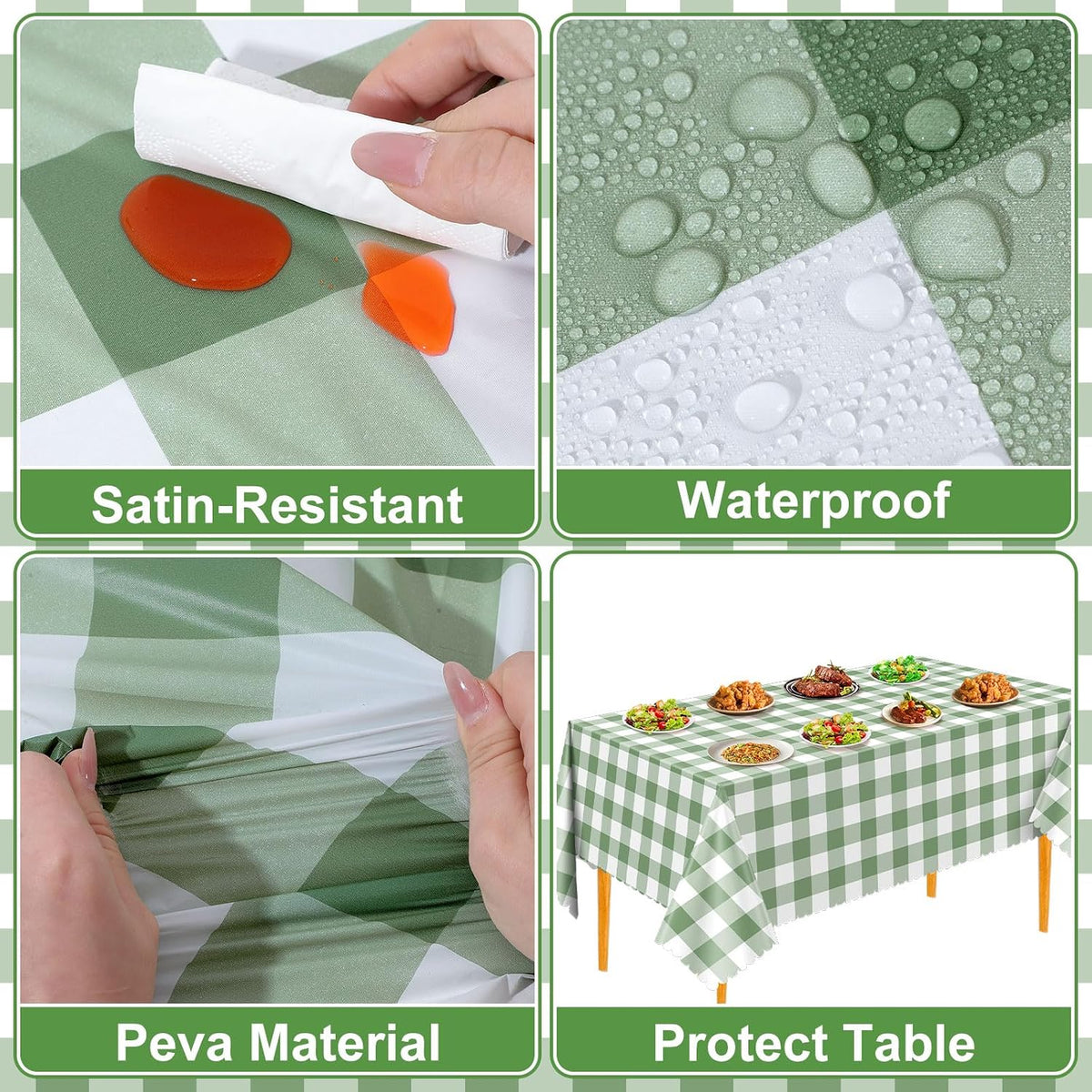 NatNarr 3 Pack Sage Green Gingham Tablecloth, Scalloped Party Table Cover