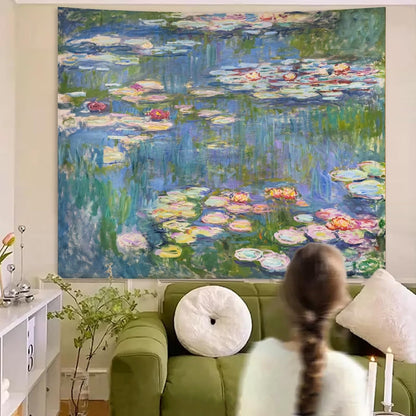 Monet Waterlily Wall Tapestry, Cute Floral Art Tapestries for Girl Bedroom