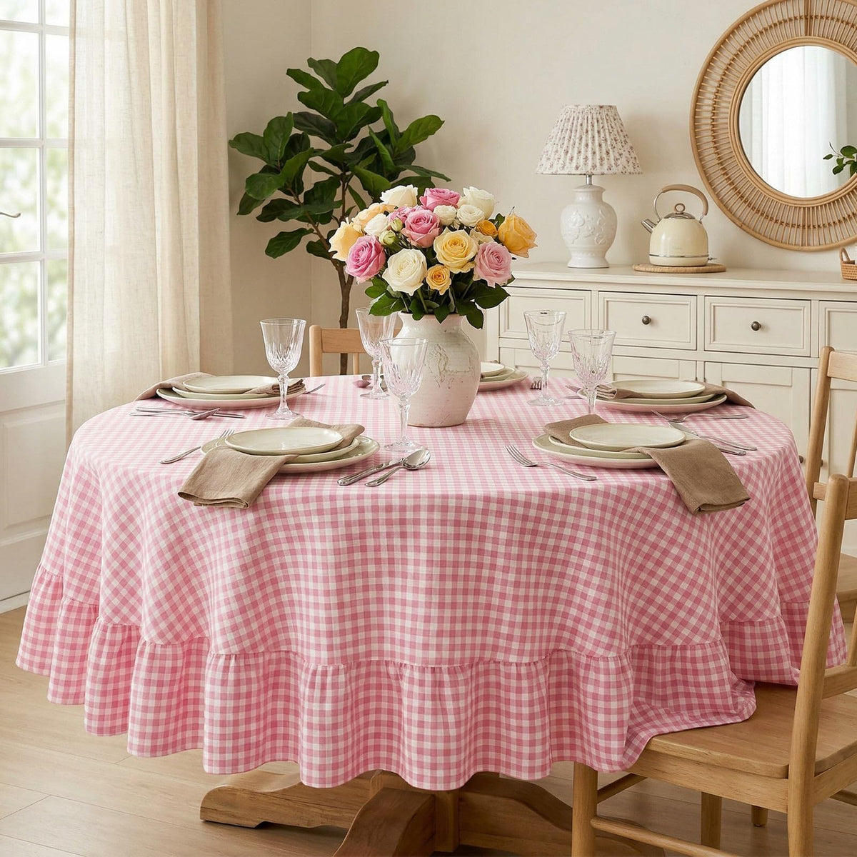 Mindsoft Light Pink Gingham Ruffled Tablecloth, 52 x 70 Inches, Rectangle